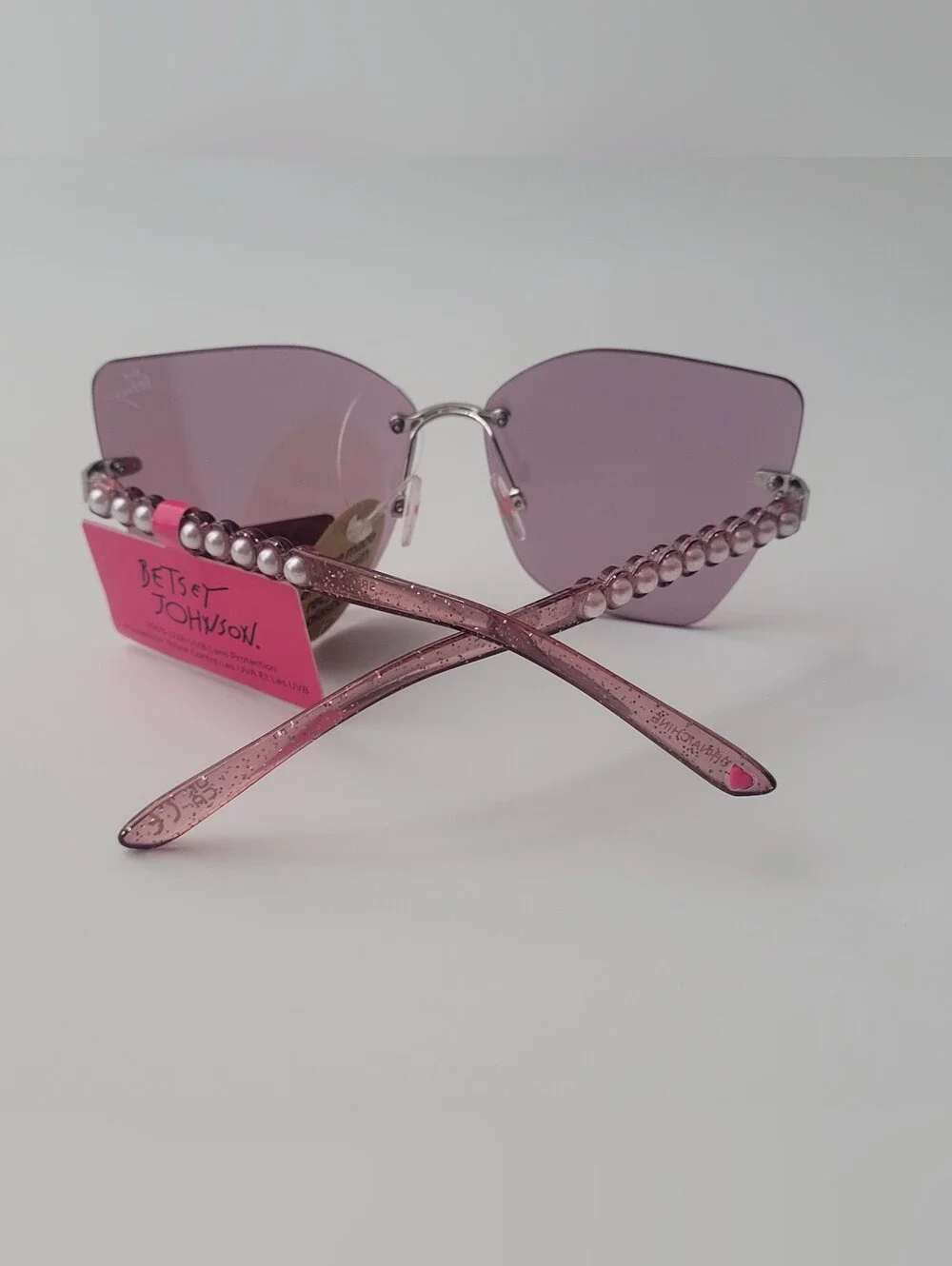 Betsey Johnson Purple Oversized Cat Eye Sunglasses Pearl Temples Rimless UV400